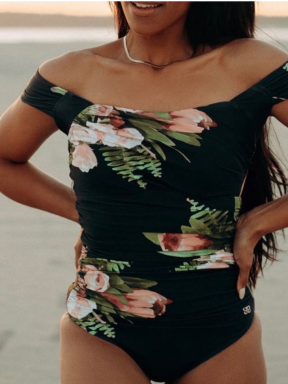 Albion Black Floral One-Piece Tiffany off the shoulder, M